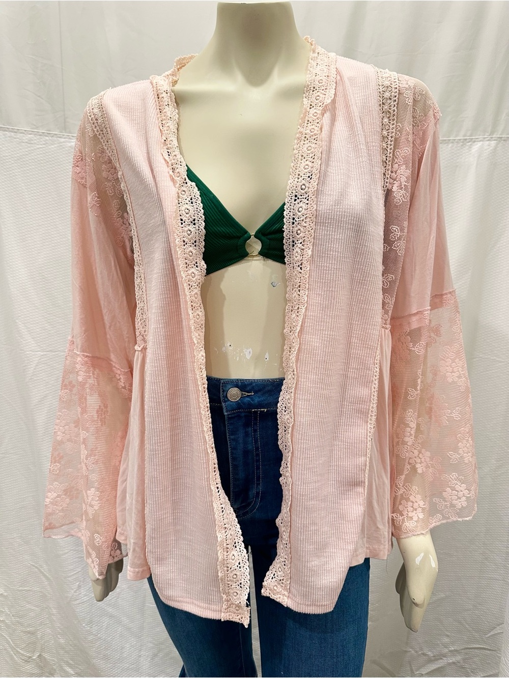 POL Long Sleeve Pink Lace-Trim Open Cardigan Kimono